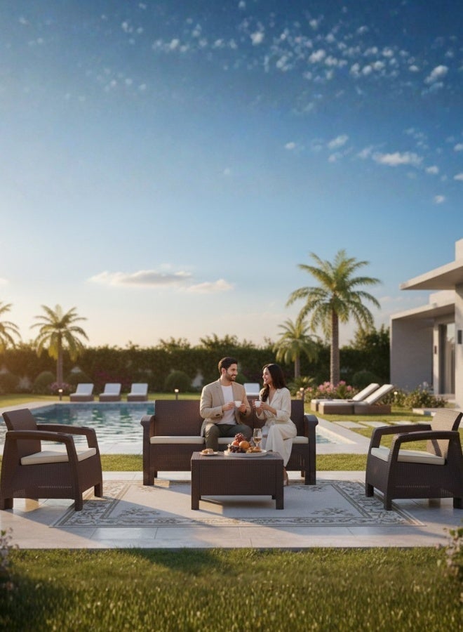 73Hours 5-Seater Outdoor Sofa Set – Dark Brown Plastic Seating with Beige Seat Cushions  Coffee Table, Weather-Resistant Patio  Garden Furniture with Built-In Cup Holders - Image 1