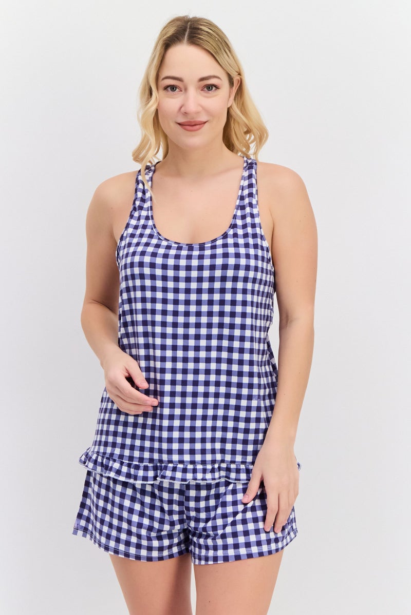 PJ Couture Women 4 Pcs Plain And Checkered Sleepwear Set, Navy - Image 1