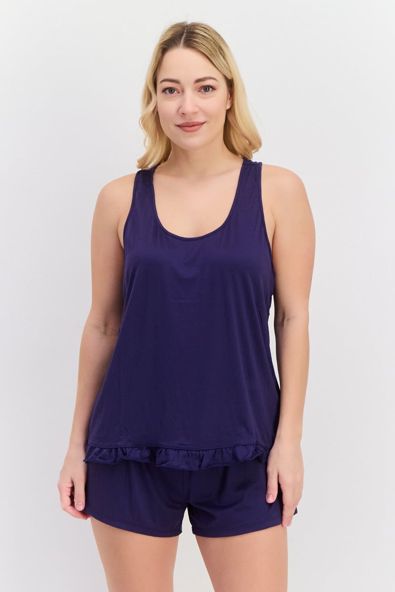 PJ Couture Women 4 Pcs Plain And Checkered Sleepwear Set, Navy - Image 4