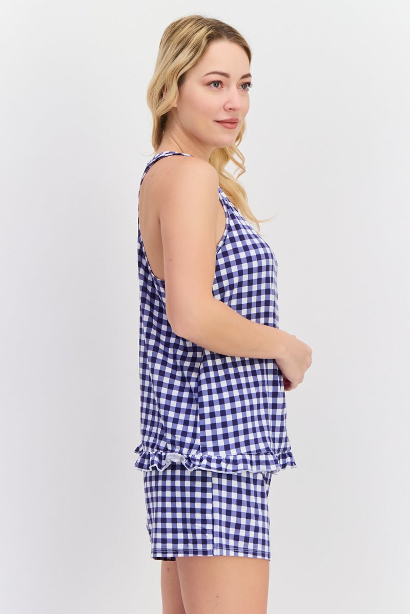 PJ Couture Women 4 Pcs Plain And Checkered Sleepwear Set, Navy - Image 2