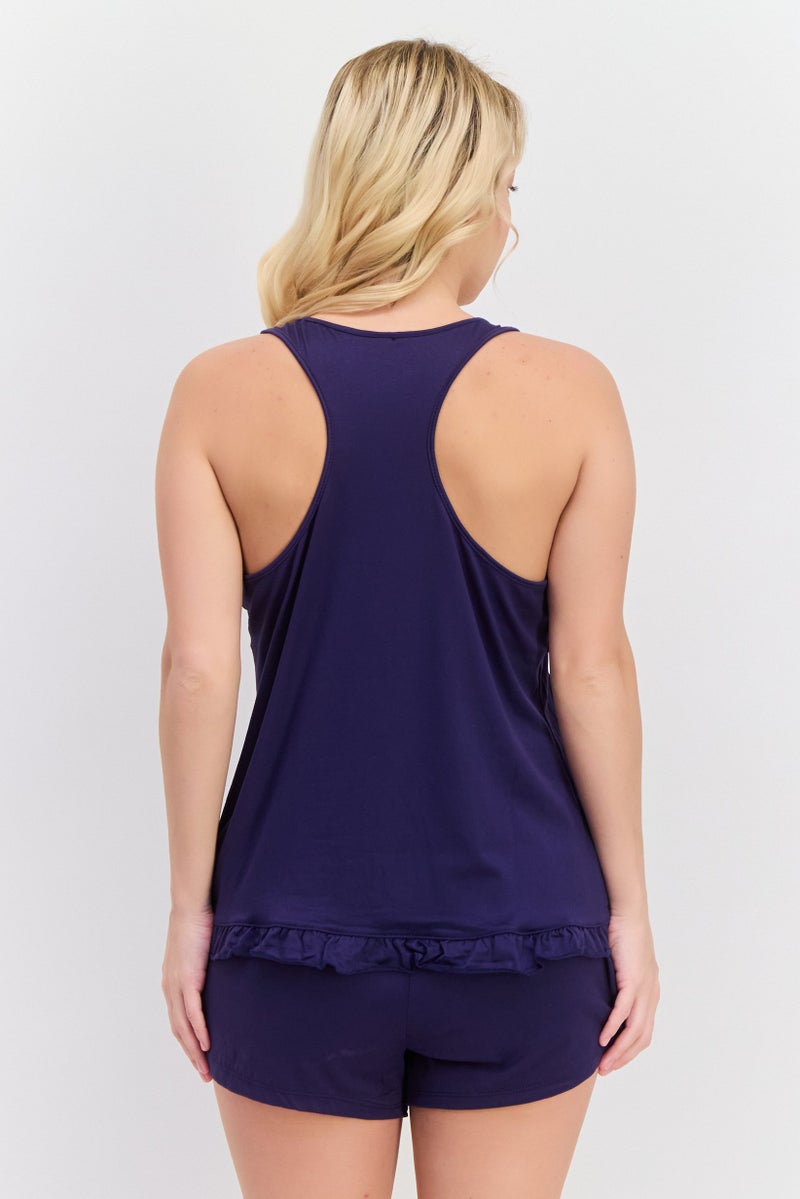 PJ Couture Women 4 Pcs Plain And Checkered Sleepwear Set, Navy - Image 5