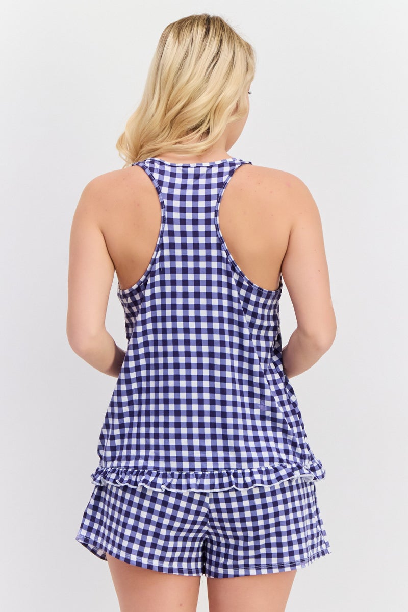 PJ Couture Women 4 Pcs Plain And Checkered Sleepwear Set, Navy - Image 3