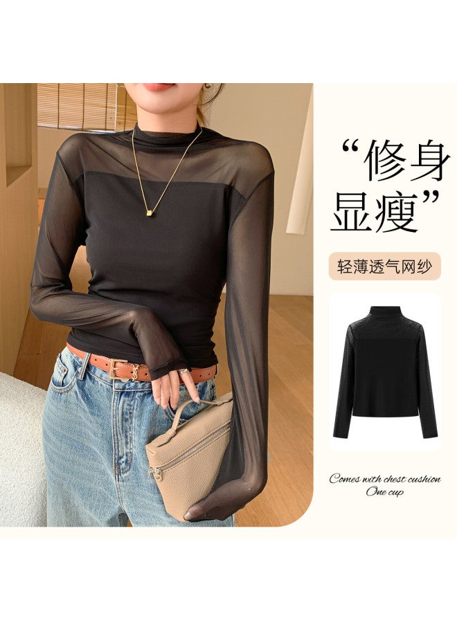 Modal Mesh Women'S Base Shirt, Lightweight See-Through Versatile Long Sleeve Tops, Chic Hong Kong Style For Spring And Summer - Image 3