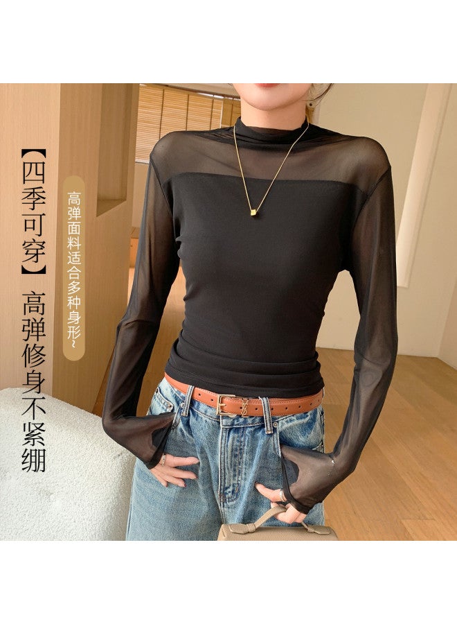Modal Mesh Women'S Base Shirt, Lightweight See-Through Versatile Long Sleeve Tops, Chic Hong Kong Style For Spring And Summer - Image 5