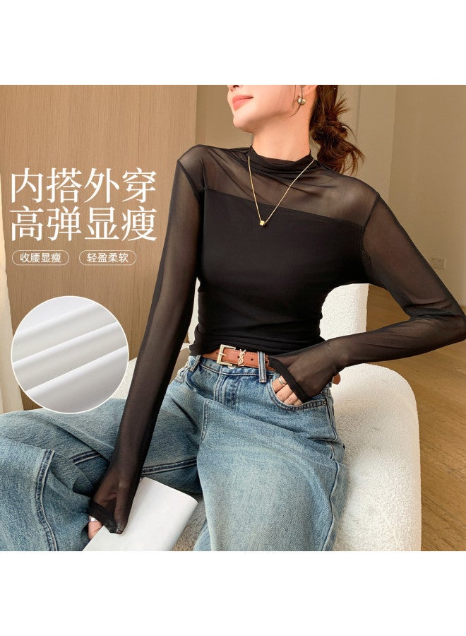 Modal Mesh Women'S Base Shirt, Lightweight See-Through Versatile Long Sleeve Tops, Chic Hong Kong Style For Spring And Summer - Image 2