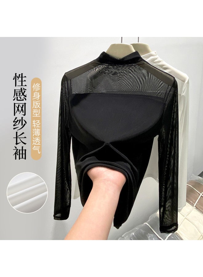 Modal Mesh Women'S Base Shirt, Lightweight See-Through Versatile Long Sleeve Tops, Chic Hong Kong Style For Spring And Summer - Image 4