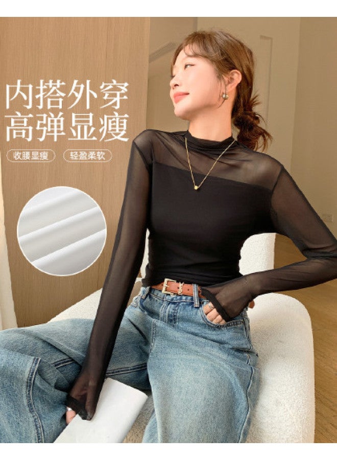 Modal Mesh Women'S Base Shirt, Lightweight See-Through Versatile Long Sleeve Tops, Chic Hong Kong Style For Spring And Summer - Image 1