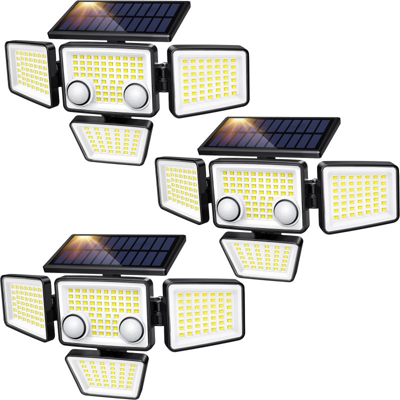 LYWALT Solar Outdoor Lights - 3000LM 188 LED Motion Sensor Outdoor Lights, 4 Heads Security Light,IP65 Waterproof, Easy Install,270Â°Wide Angle Flood Wall Light with 3 Modes for Backyard Yard (3 Pack) - Image 1
