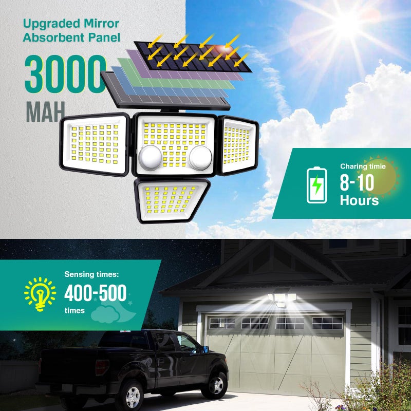 LYWALT Solar Outdoor Lights - 3000LM 188 LED Motion Sensor Outdoor Lights, 4 Heads Security Light,IP65 Waterproof, Easy Install,270Â°Wide Angle Flood Wall Light with 3 Modes for Backyard Yard (3 Pack) - Image 2