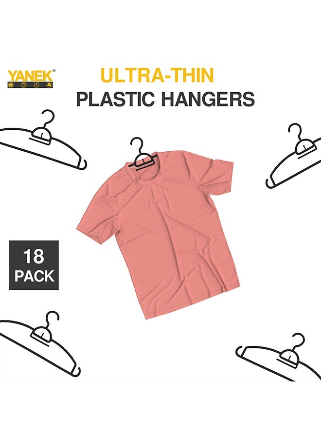 YANEK YANEK Plastic Hangers - Set of Slim Heavy Duty Clothes Hangers for Coats, Jackets, and Pants - Everyday Use Clothing Hangers with Hooks - Standard Coat Hanger Set (18 PACK, Black)  - Image 4