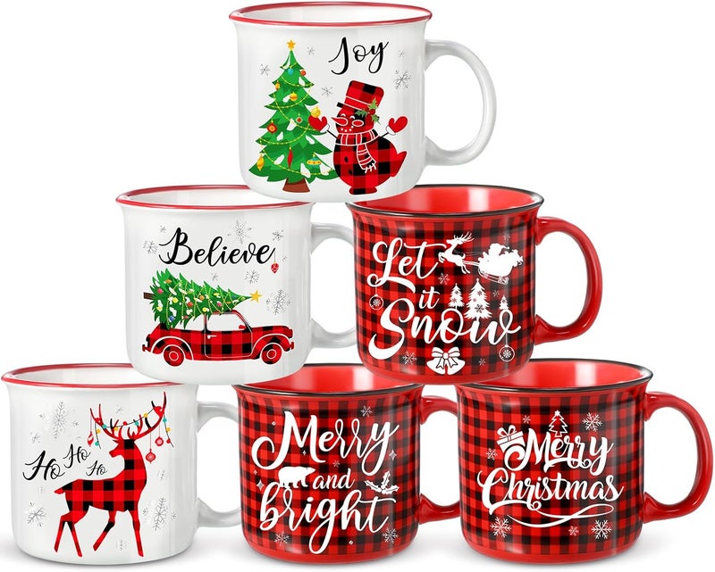 Pickmesh 6 Pcs Christmas Ceramic Coffee Mug Set 14 oz Christmas Mugs with Handle Red Black Buffalo Plaid Cups Enamel Xmas Mugs for Xmas Gift Party Supplies - Image 1