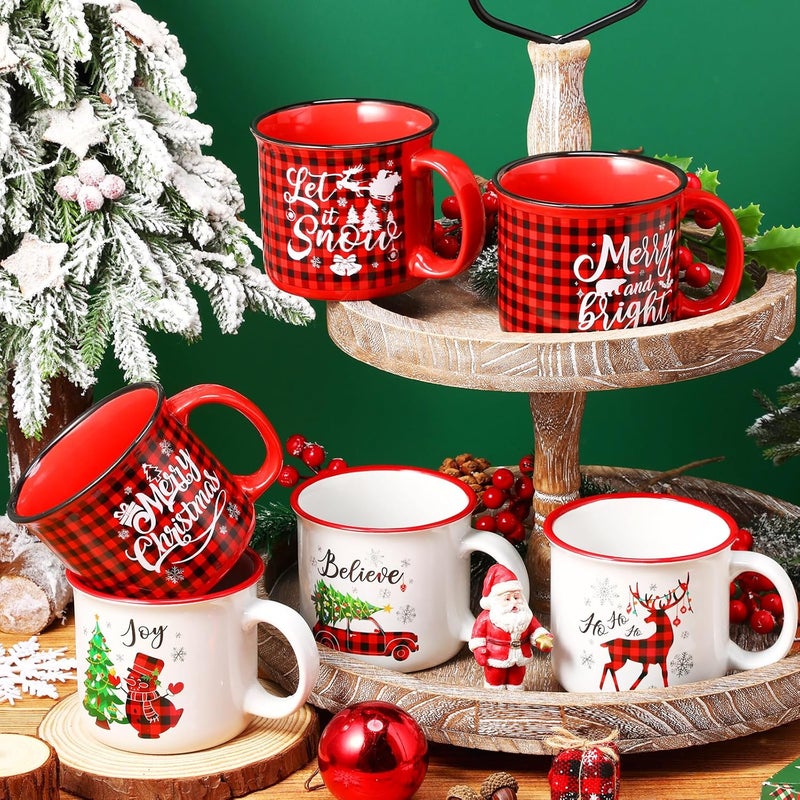 Pickmesh 6 Pcs Christmas Ceramic Coffee Mug Set 14 oz Christmas Mugs with Handle Red Black Buffalo Plaid Cups Enamel Xmas Mugs for Xmas Gift Party Supplies - Image 3
