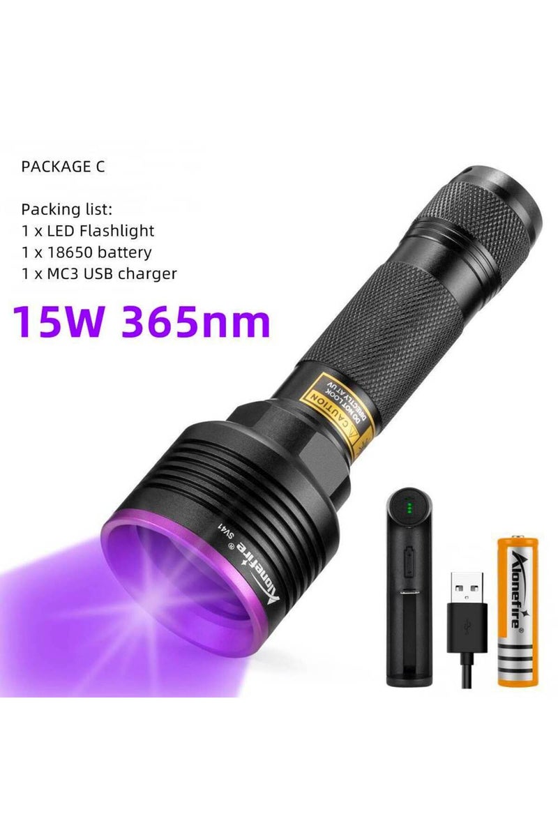 إيروريكس مصباح يدوي LED أسود 18650 بقوة 15 واط وطول موجي 365 نانومتر، مزود بثلاثة مصابيح LED تعمل بالأشعة فوق البنفسجية، وقلم حبر غير مرئي يعمل بالأشعة فوق البنفسجية بطول موجي 365 نانومتر، مناسب للقطط والكلاب والحيوانات الأليفة.