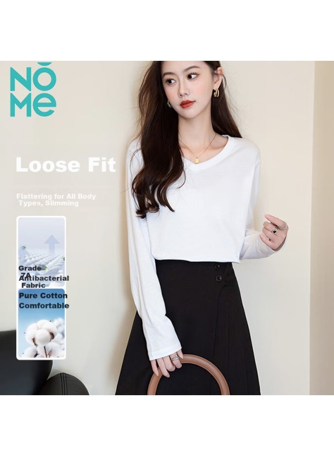 Nomev Women's Loose Long-sleeve T-shirt, Comfortable Base Layer Top, New Spring Collection, White, XL - Image 1