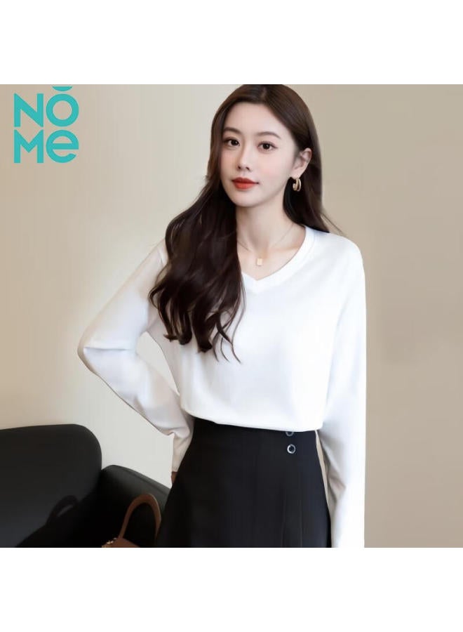 Nomev Women's Loose Long-sleeve T-shirt, Comfortable Base Layer Top, New Spring Collection, White, XL - Image 3