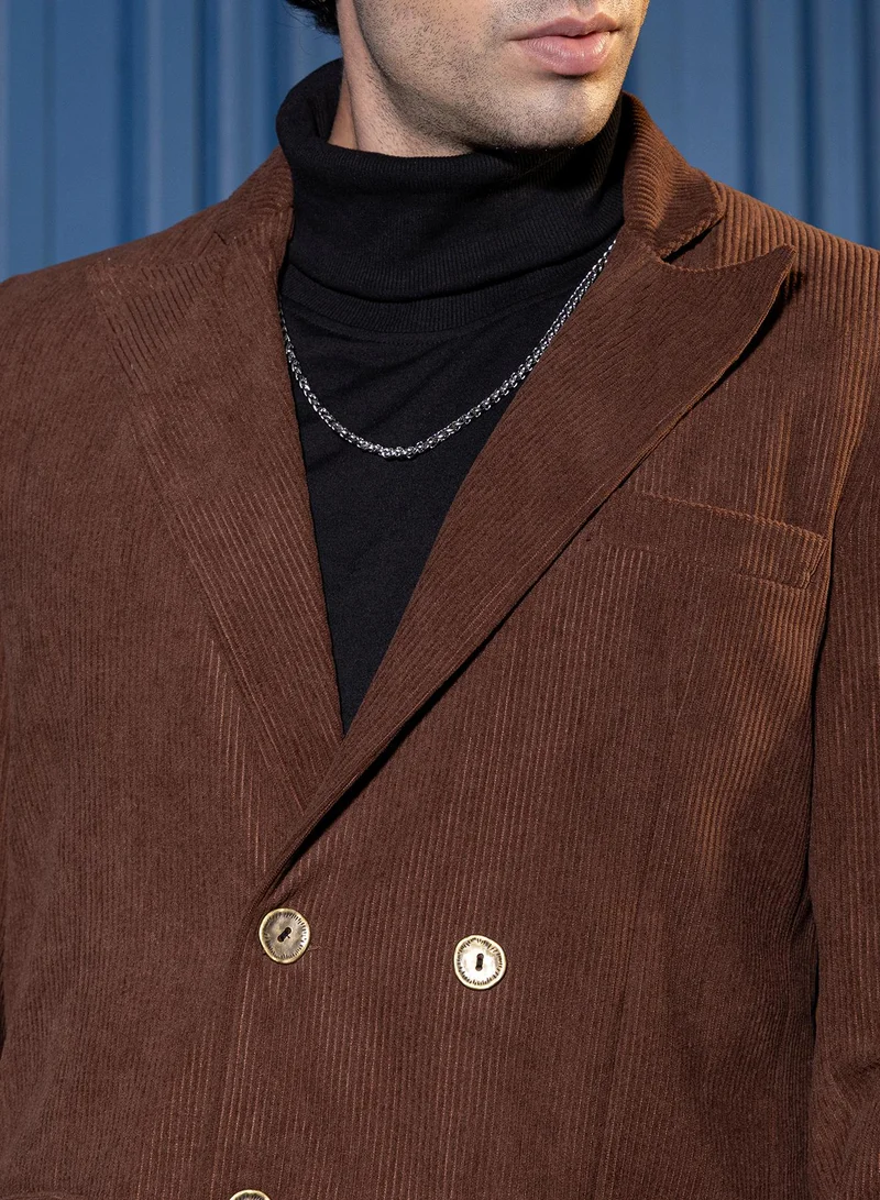 CAHOOT  Men Double-Breasted Corduroy Blazer | Lapel Collar, Long Split-Button Set-In Sleeves | Button , Back-Split Straight Hem | Solid Corduroy Woven Fabric For Casual & Evening Wear | Brown for Men | Best Price UAE