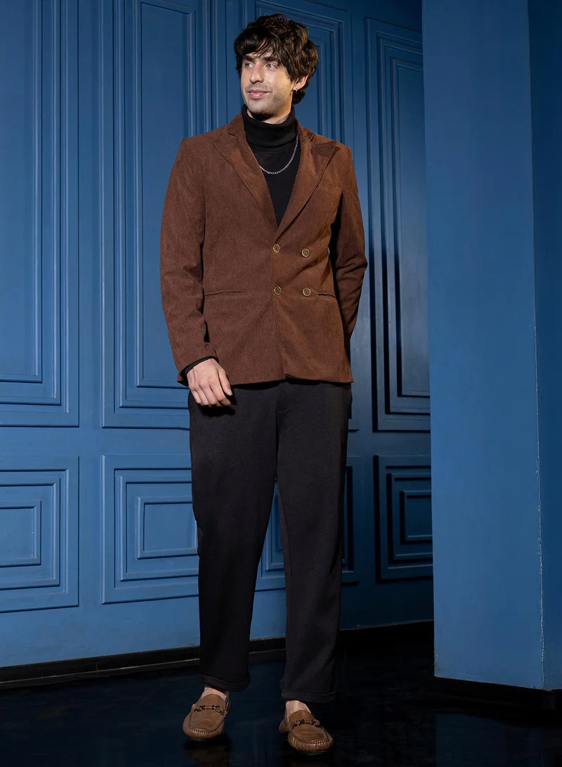 CAHOOT  Men Double-Breasted Corduroy Blazer | Lapel Collar, Long Split-Button Set-In Sleeves | Button , Back-Split Straight Hem | Solid Corduroy Woven Fabric For Casual & Evening Wear | Brown for Men | Best Price UAE