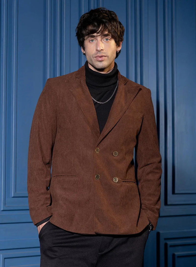 Campus Sutra Men Double-Breasted Corduroy Blazer | Lapel Collar, Long Split-Button Set-In Sleeves | Button , Back-Split Straight Hem | Solid Corduroy Woven Fabric For Casual & Evening Wear | Brown