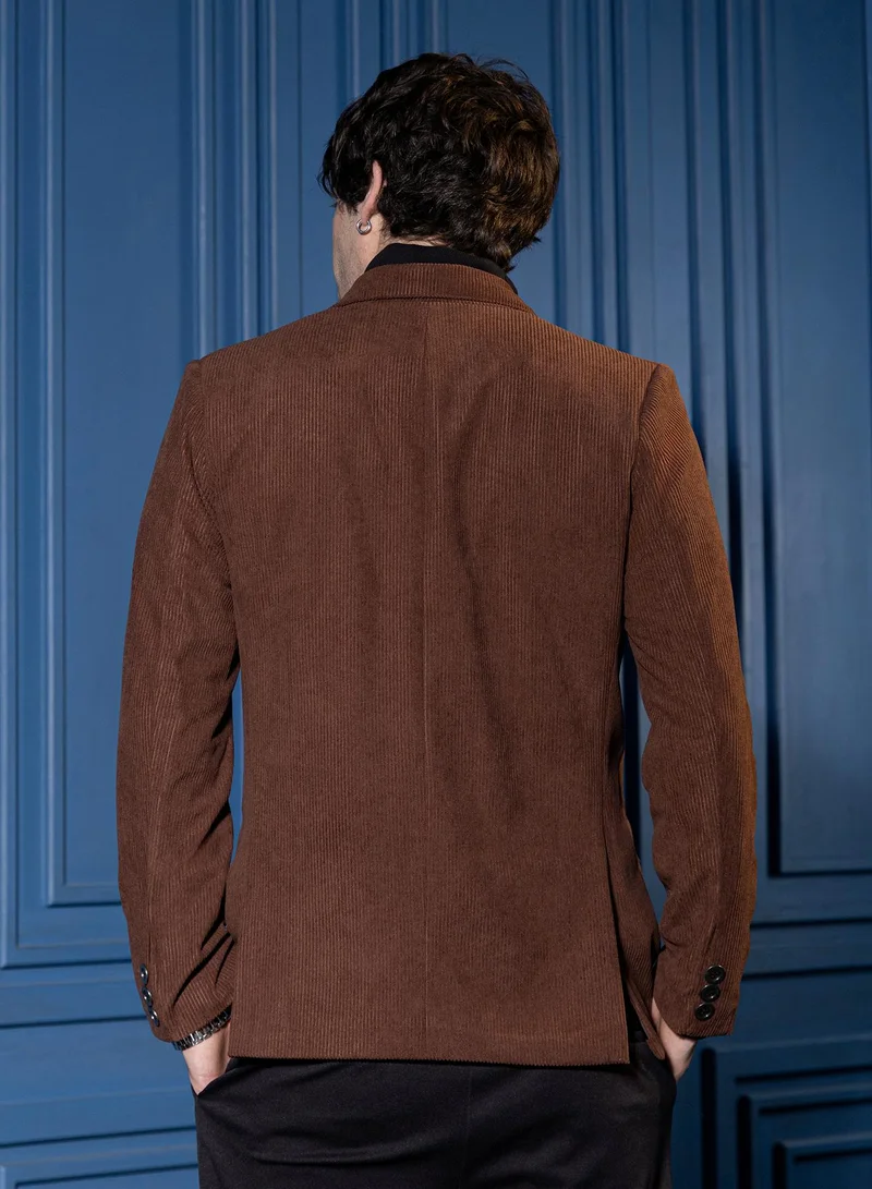 CAHOOT  Men Double-Breasted Corduroy Blazer | Lapel Collar, Long Split-Button Set-In Sleeves | Button , Back-Split Straight Hem | Solid Corduroy Woven Fabric For Casual & Evening Wear | Brown for Men | Best Price UAE