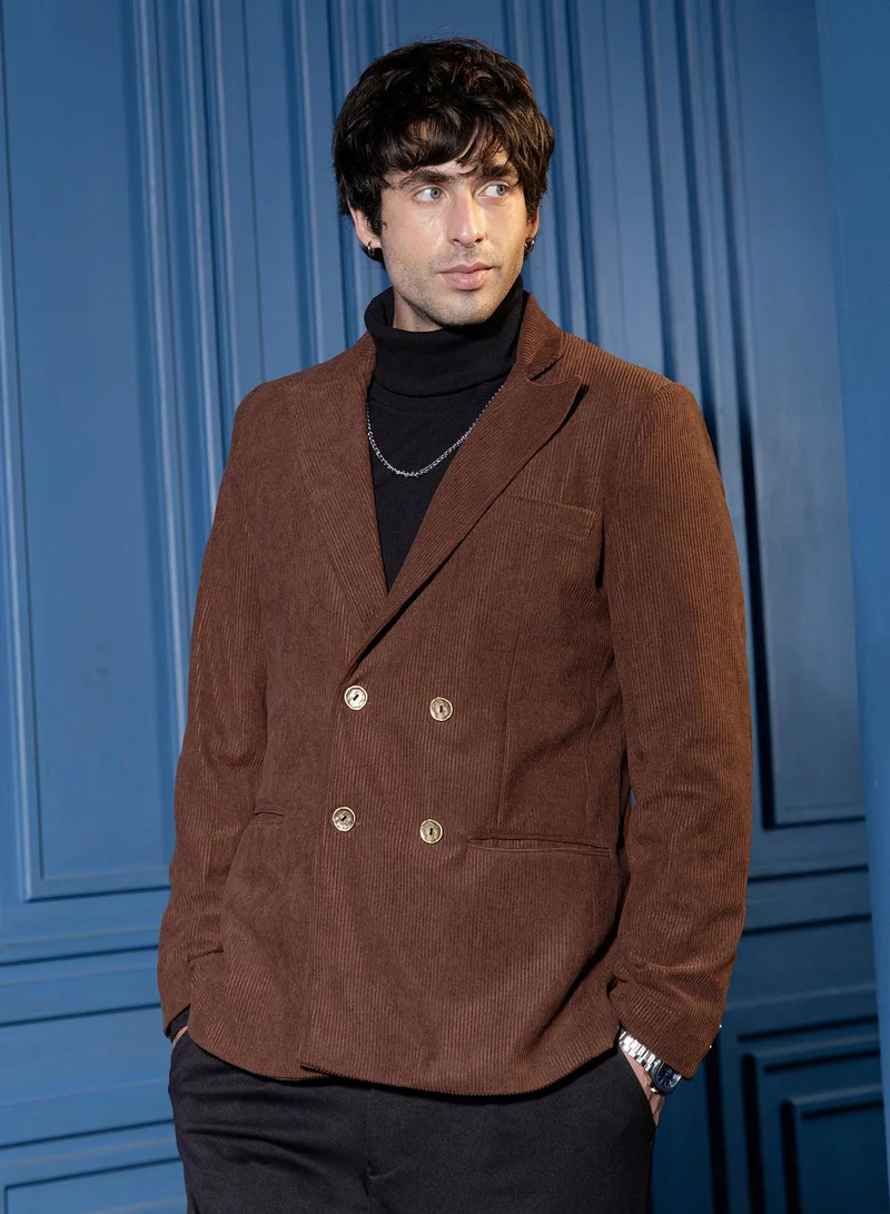 CAHOOT  Men Double-Breasted Corduroy Blazer | Lapel Collar, Long Split-Button Set-In Sleeves | Button , Back-Split Straight Hem | Solid Corduroy Woven Fabric For Casual & Evening Wear | Brown for Men | Best Price UAE