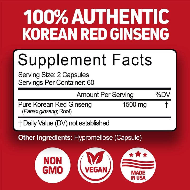 Herbtonics Korean Red Panax Ginseng 1500mg - High Potency Ginseng for Energy & Immune Support - 240 Capsules - Image 3