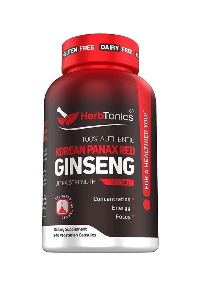 Herbtonics Korean Red Panax Ginseng 1500mg - High Potency Ginseng for Energy & Immune Support - 240 Capsules - Image 1