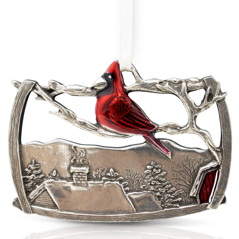DANFORTH - 'A Visitor' Red Cardinal Christmas Tree Ornament  Hanging Pewter Xmas Decoration  Winter Decor  2015 Annual Ornament  for Bird Lovers  2   Wide by 1   High  Made in USA - Image 1