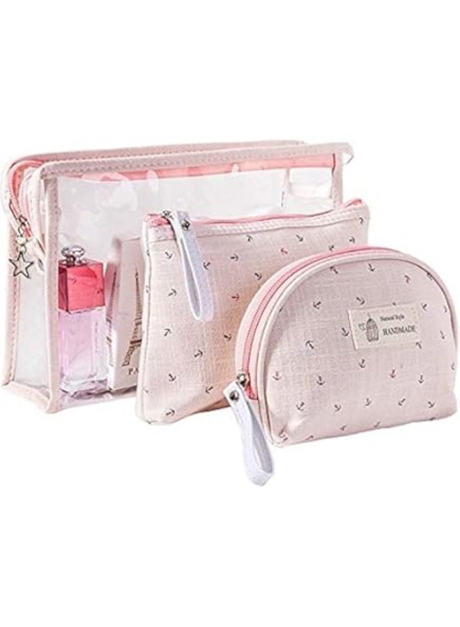 3-Piece Portable Cosmetic Bag Set, Travel Makeup Bag For Organizing Toiletries And Cosmetics, Transparent With Multi-Colored Zipper - Image 1