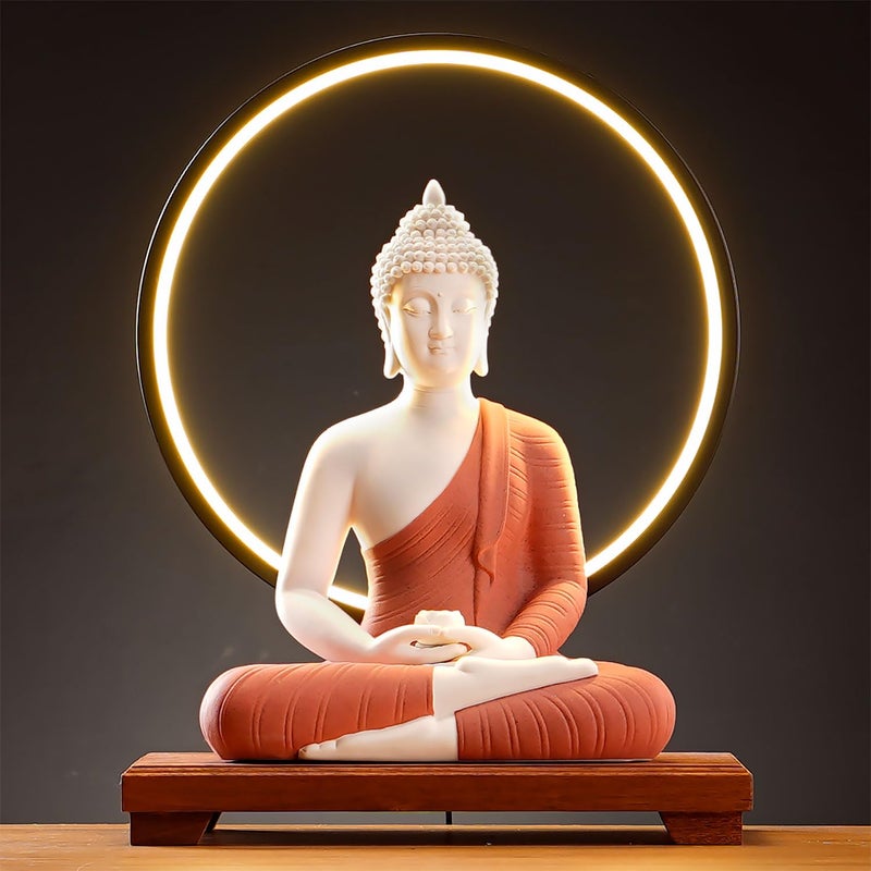 QINLANG تمثال بوذا الأحمر بارتفاع 12 بوصة ومصباح طاولة دائري LED بارتفاع 1574 بوصة لتماثيل بوذا الداخلية لتزيين المنزل