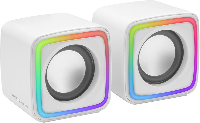مارس_جيمنج Mars Gaming MSCUBEW أبيض، مكبرات صوت ألعاب RGB مضغوطة، معالج صوت DSP بقوة 8 واط، تحكم في مستوى الصوت - Image 1