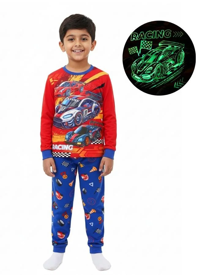 babyqlo Racing Cars Print Boys Glow in the dark Pajama Set