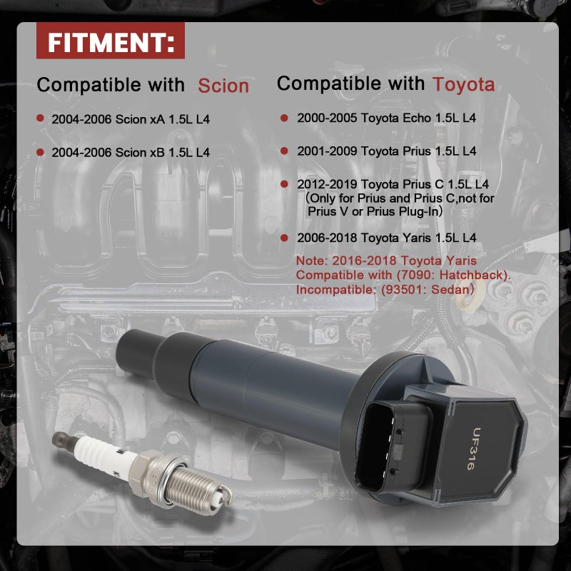 KacuYelin UF316 Ignition Coil Pack and Iridium Spark Plugs Set of 4 Compatible with Toyota Echo 2000-2005,Prius 2001-2009,Prius C 2012-2014,Yaris 2006-2016,For Scion XA XB 2004-2006,Replace# C1304 7090 - Image 2