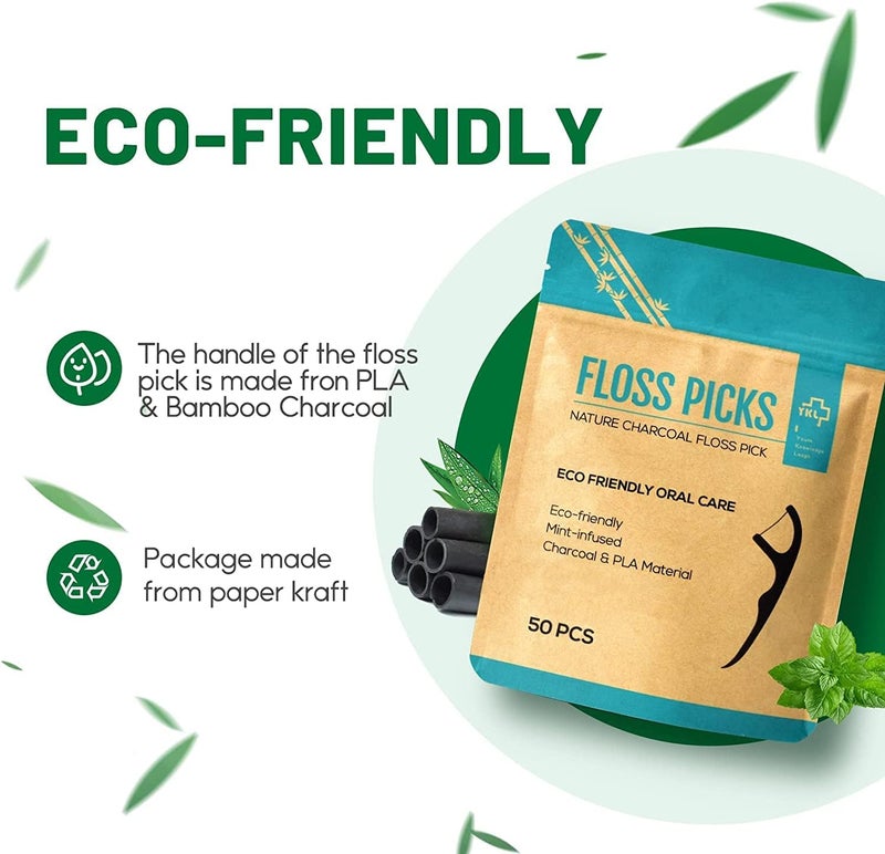 Y-Kelin Natural Dental Floss Picks - Vegan, Eco Friendly Black Bamboo Charcoal Dental Teeth Stick Tooth Pick Toothpick Flosser for Oral Care with a Fresh Feel Minty Flavor (200 Pcs) - Image 2