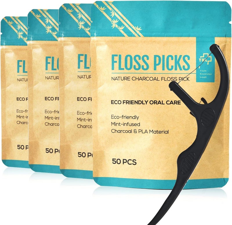 Y-Kelin Natural Dental Floss Picks - Vegan, Eco Friendly Black Bamboo Charcoal Dental Teeth Stick Tooth Pick Toothpick Flosser for Oral Care with a Fresh Feel Minty Flavor (200 Pcs) - Image 1