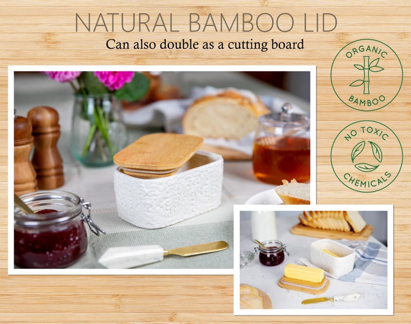 25DOL Butter Dish with Airtight Bamboo Lid for Countertop & Fridge - Ceramic Butter Dish Keeper with Nature-Inspired Engraving - Image 2