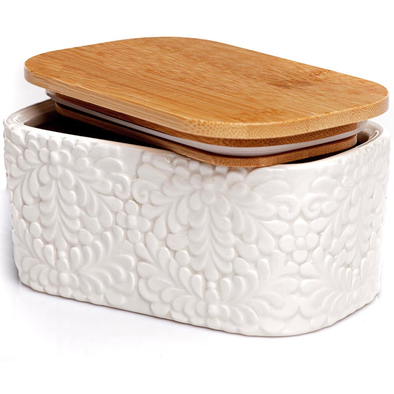 25DOL Butter Dish with Airtight Bamboo Lid for Countertop & Fridge - Ceramic Butter Dish Keeper with Nature-Inspired Engraving - Image 1