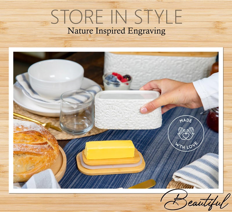 25DOL Butter Dish with Airtight Bamboo Lid for Countertop & Fridge - Ceramic Butter Dish Keeper with Nature-Inspired Engraving - Image 3