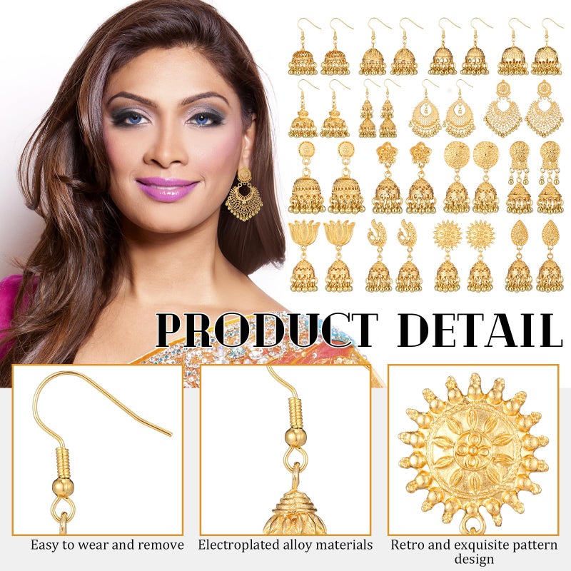Nosiny 16 Pairs Jhumkas Indian Earrings for Women Vintage Jhumka Bell Hoop Dangle Earrings Set Ethnic Bohemian Indian Jewelry(Gold) - Image 3