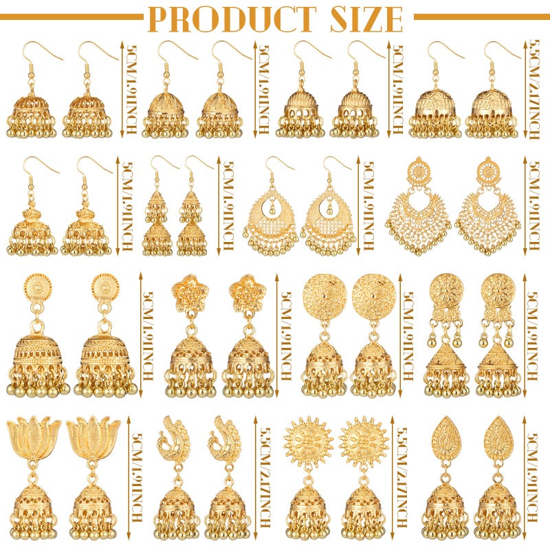 Nosiny 16 Pairs Jhumkas Indian Earrings for Women Vintage Jhumka Bell Hoop Dangle Earrings Set Ethnic Bohemian Indian Jewelry(Gold) - Image 2