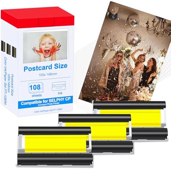 خراطيش حبر وورق SELPHY CP1500 متوافقة مع مجموعة حبر وورق CANON SELPHY KP-108IN لطابعة الصور CANON SELPHY CP1500 CP1300 CP1200 CP820 (4 × 6 بوصة 108 ورقة حبر + 3 خراطيش حبر ملونة) - Image 2