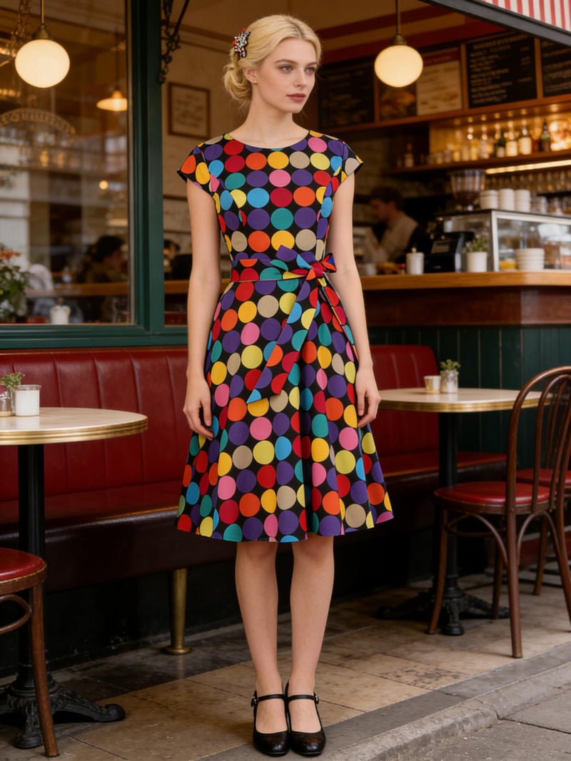 PUKAVT Women's 1950 Boatneck Cap Sleeve Vintage Swing Cocktail Party Dress with Pockets Black ColorfulDot M - Image 4