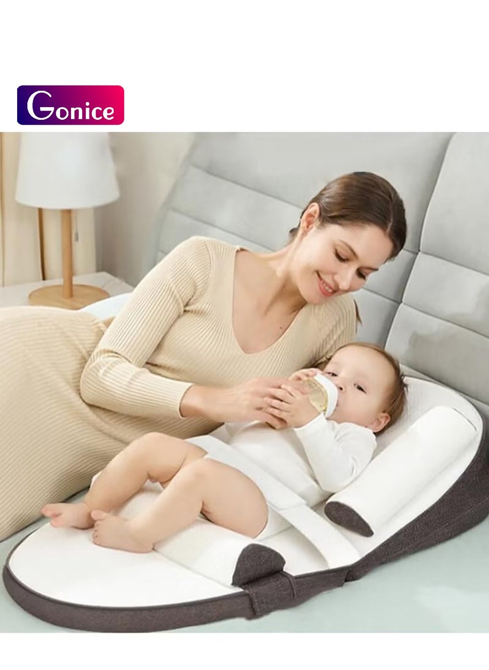 Gonice Baby Anti Reflux Pillow With 0-30° Adjustable Height, Relieves Vomiting Milk, Intestinal Colic, Side Rails, Brown 