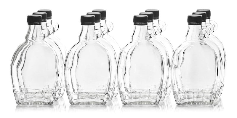 North Mountain Supply 12 Ounce Glass Maple Syrup Bottles with Loop Handle  Black Plastic Tamper Evident Lids  Case of 12