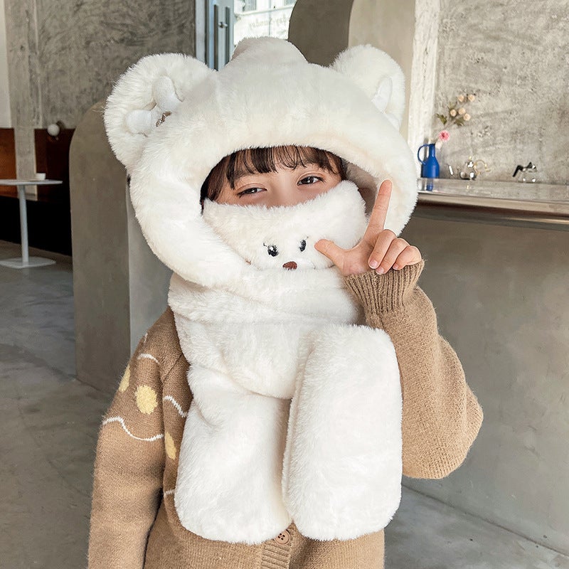 Cute Bear Hat Scarf Gloves Set Winter Warm Plush White (children's version) - Image 1