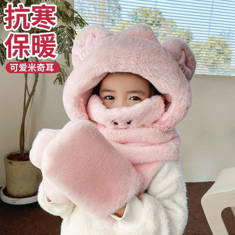 Cute Bear Hat Scarf Gloves Set Winter Warm Plush White (children's version) - Image 3