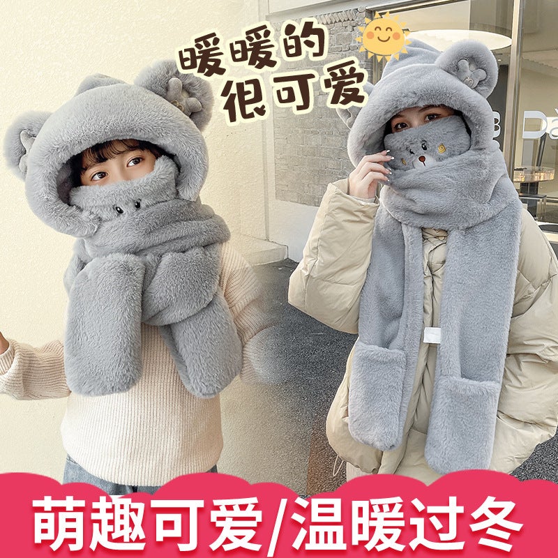 Cute Bear Hat Scarf Gloves Set Winter Warm Plush White (children's version) - Image 2