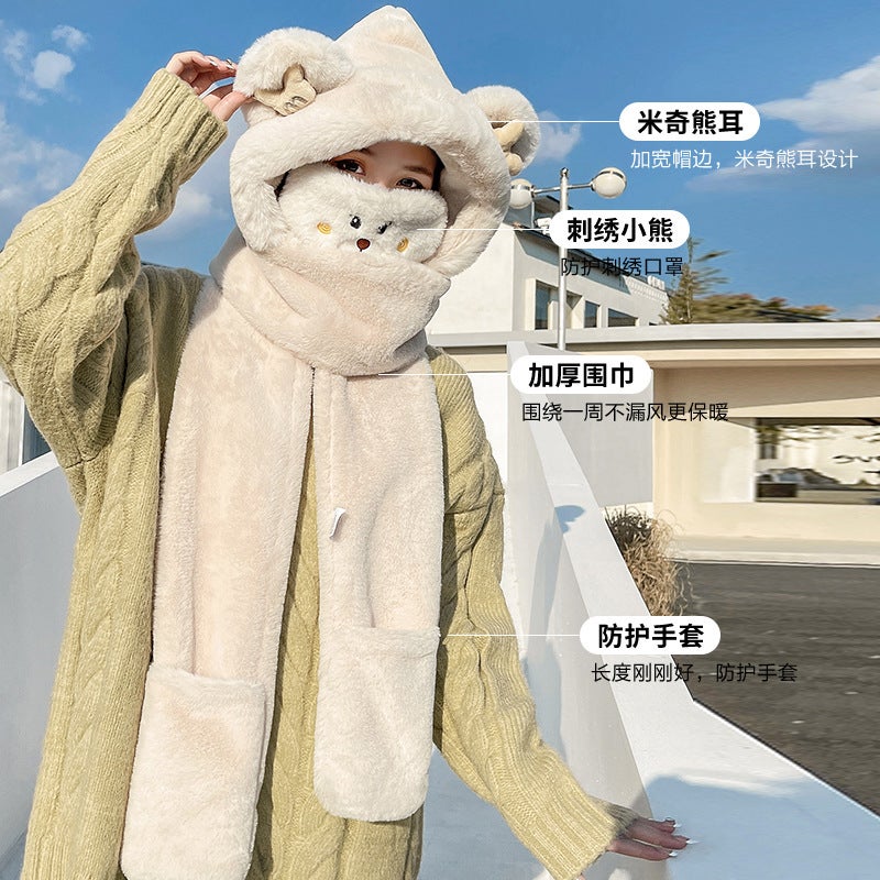 Cute Bear Hat Scarf Gloves Set Winter Warm Plush White (children's version) - Image 5