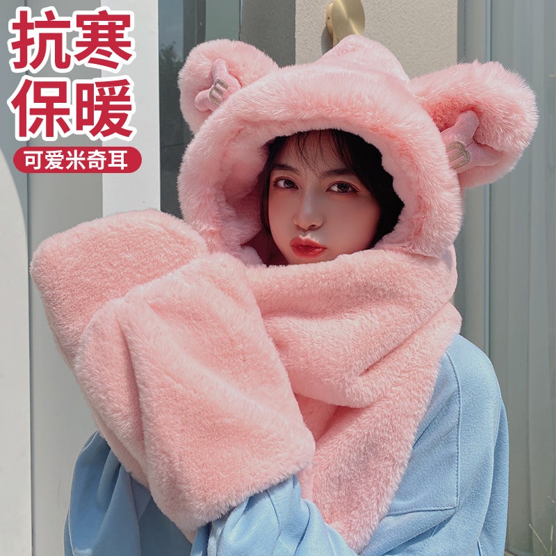 Cute Bear Hat Scarf Gloves Set Winter Warm Plush White (children's version) - Image 4