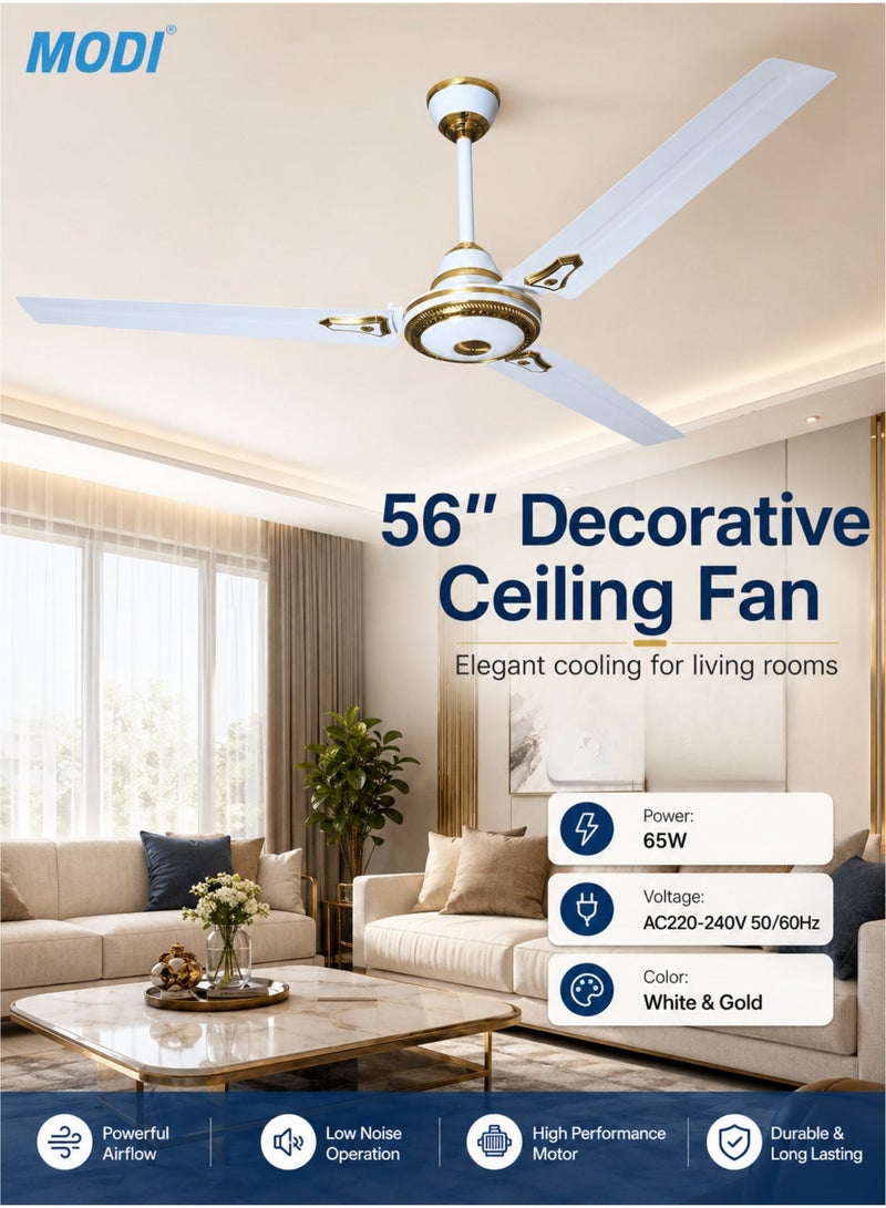 MODI 56 Inch Ceiling Fan White with Decorative Finish – 3 Blade Design, 65W Powerful Motor, Whisper Quiet Cooling Fan for Home & Bedroom - Image 1