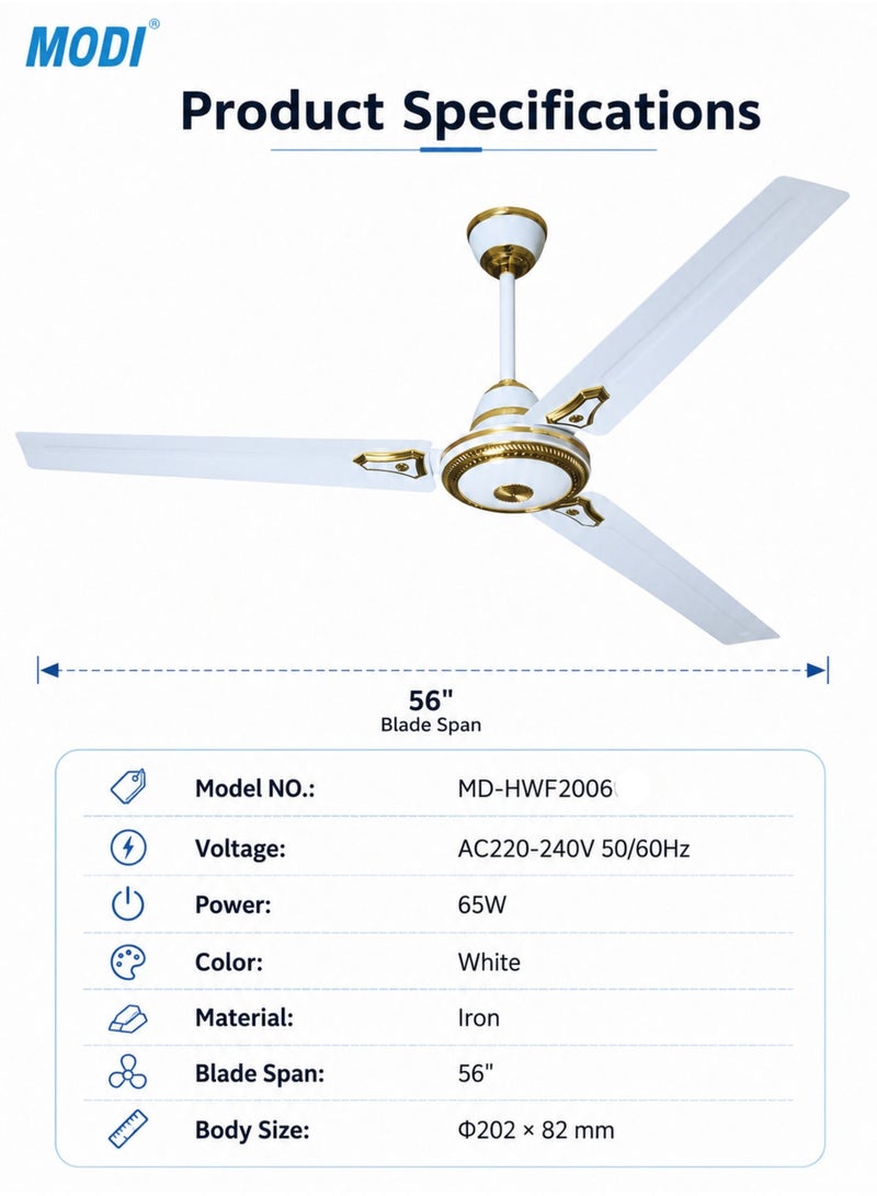 MODI 56 Inch Ceiling Fan White with Decorative Finish – 3 Blade Design, 65W Powerful Motor, Whisper Quiet Cooling Fan for Home & Bedroom - Image 2